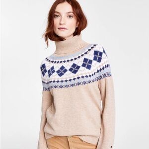 Tommy Hilfiger Beige and Blue Argyle Turtleneck Sweater